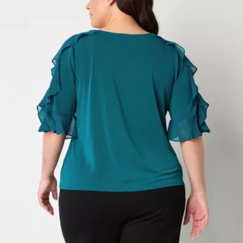 Bold Elements Womens Plus Ruffle Sleeve Cold Shoulder Blouse
