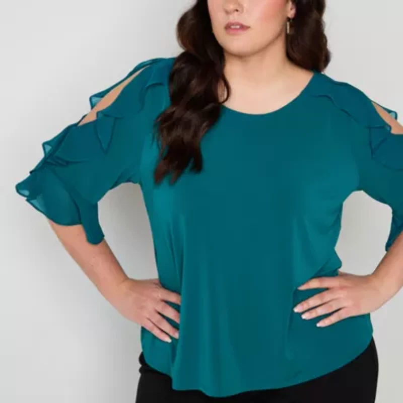 Bold Elements Womens Plus Ruffle Sleeve Cold Shoulder Blouse
