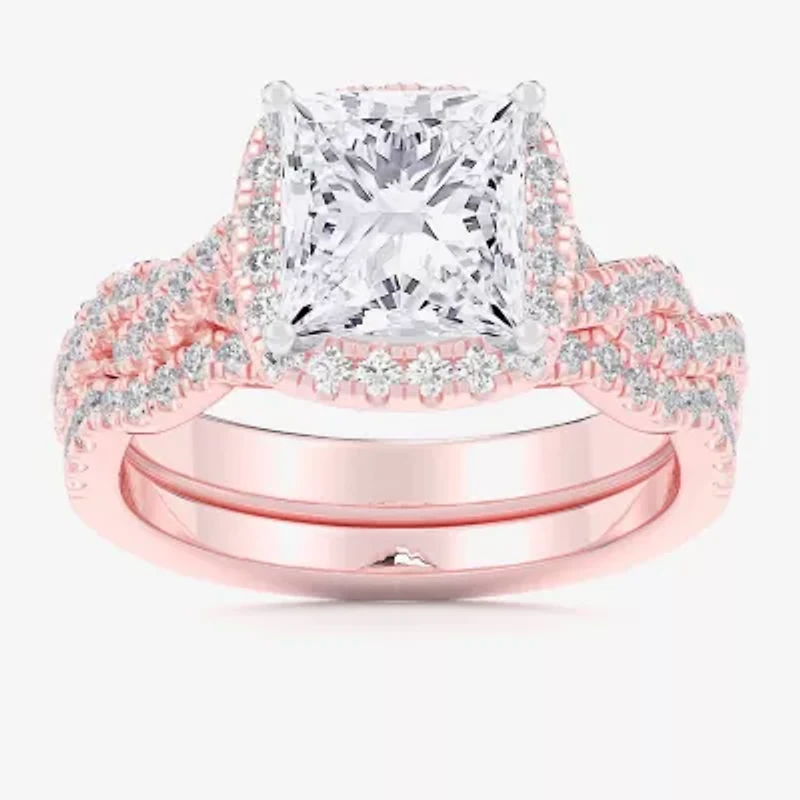 (G-H / Si1-Si2) Womens 1 1/2 CT. T.W. Lab Grown White Diamond 14K Rose Gold Side Stone Halo Bridal Set