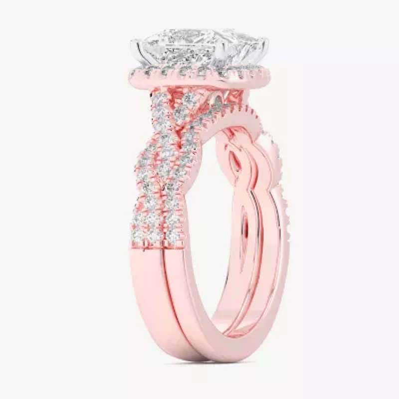 (G-H / Si1-Si2) Womens 1 1/2 CT. T.W. Lab Grown White Diamond 14K Rose Gold Side Stone Halo Bridal Set