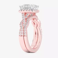 (G-H / Si1-Si2) Womens 1 1/2 CT. T.W. Lab Grown White Diamond 14K Rose Gold Side Stone Halo Bridal Set