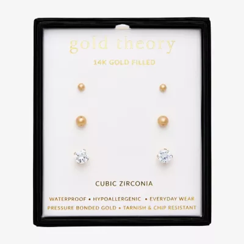 Gold Theory Womens Cubic Zirconia Round 3 Pair Earring Set