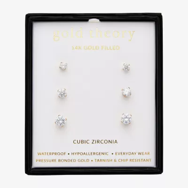 Gold Theory Womens Cubic Zirconia Round 3 Pair Earring Set