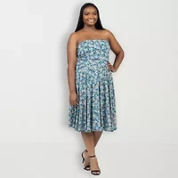 24seven Comfort Apparel Womens Sleeveless Floral Midi Plus Fit + Flare Dress