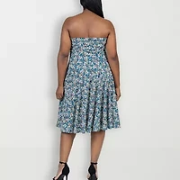 24seven Comfort Apparel Womens Sleeveless Floral Midi Plus Fit + Flare Dress