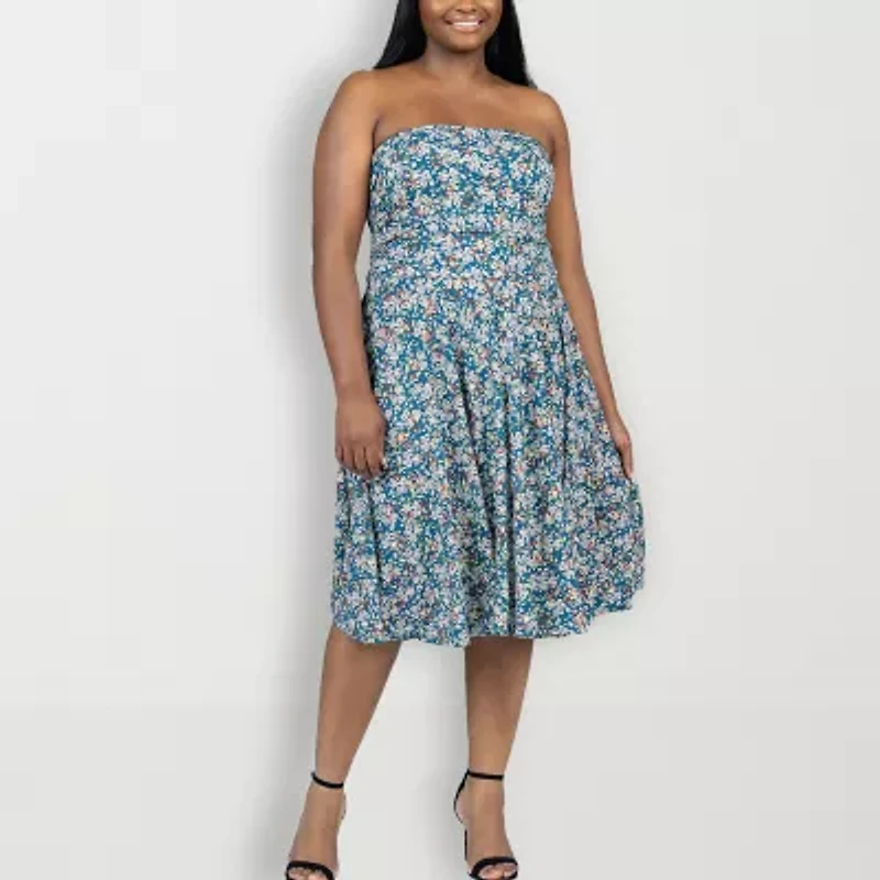 24seven Comfort Apparel Womens Sleeveless Floral Midi Plus Fit + Flare Dress