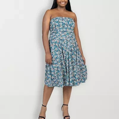 24seven Comfort Apparel Womens Sleeveless Floral Midi Plus Fit + Flare Dress