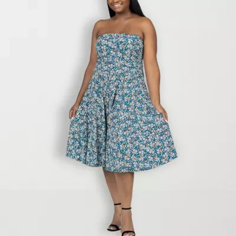 24seven Comfort Apparel Womens Sleeveless Floral Midi Plus Fit + Flare Dress