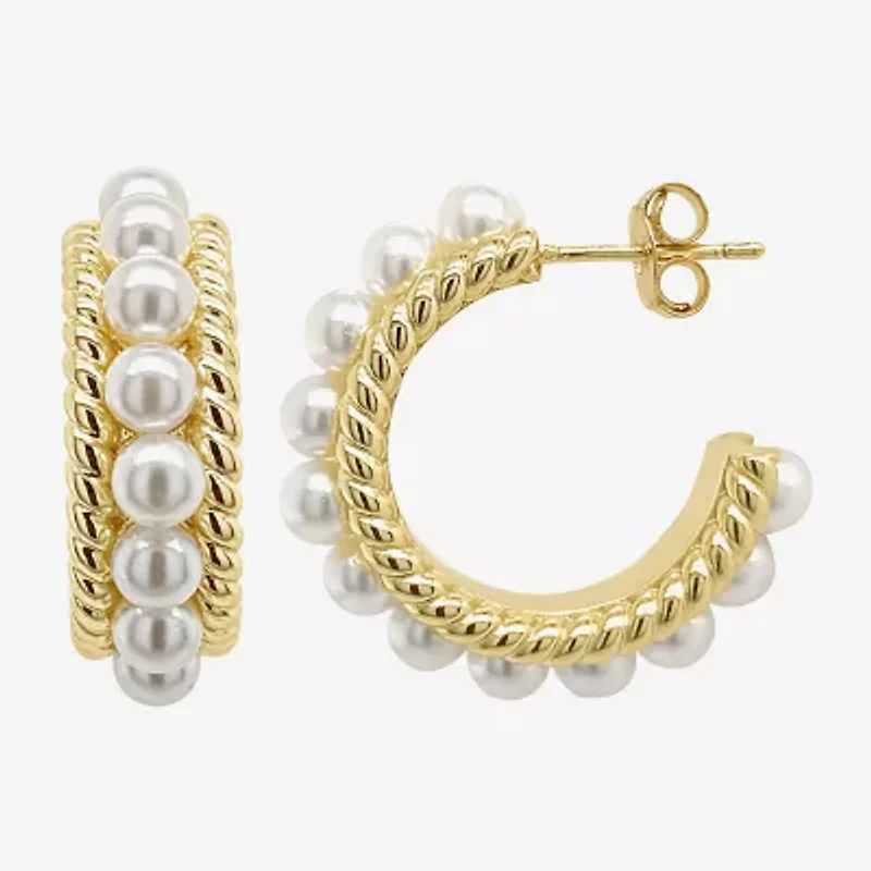 Sparkle Allure Womens White Simulated Pearl 14K Gold Over Brass 26mm Hypoallergenic Hoop Earrings