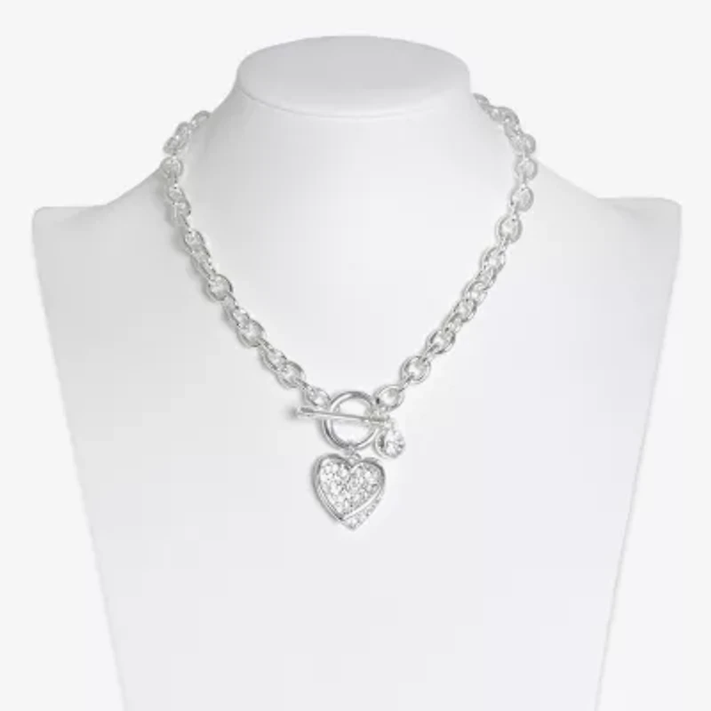 Bold Elements Silver Tone Womens Glass Heart 17 Inch Pendant Necklace