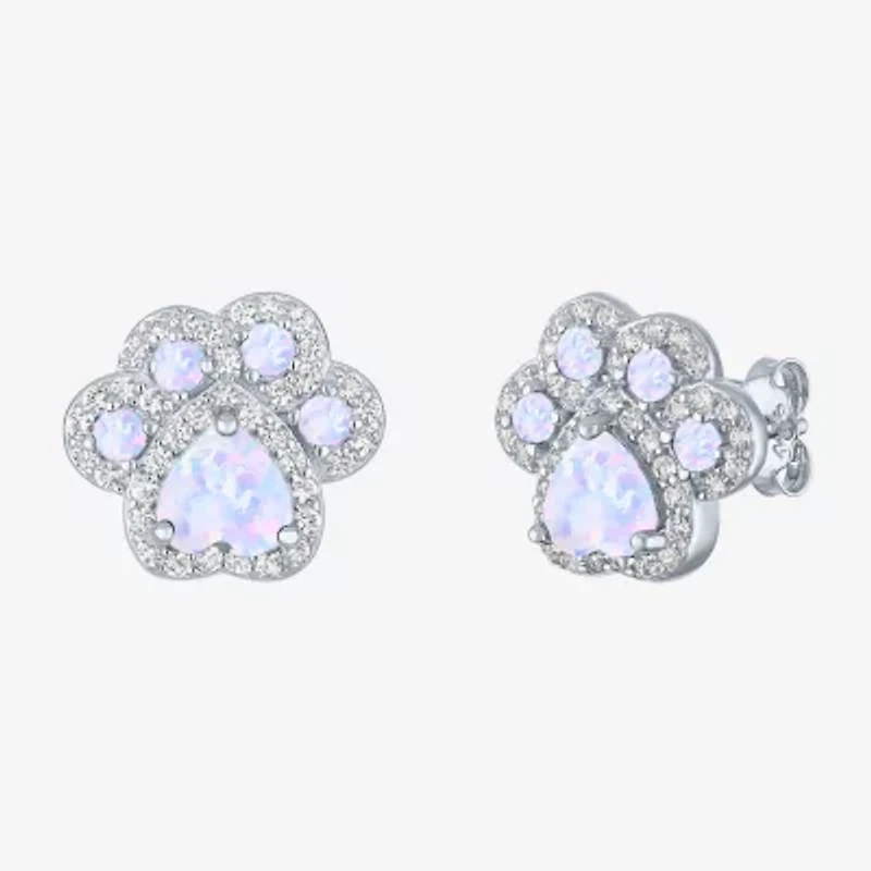 Paw Print Lab Created White Opal Sterling Silver 4mm Stud Earrings