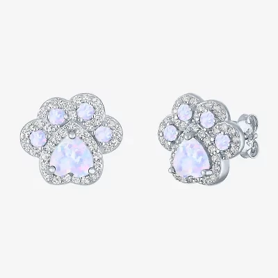 Paw Print Lab Created White Opal Sterling Silver 4mm Stud Earrings
