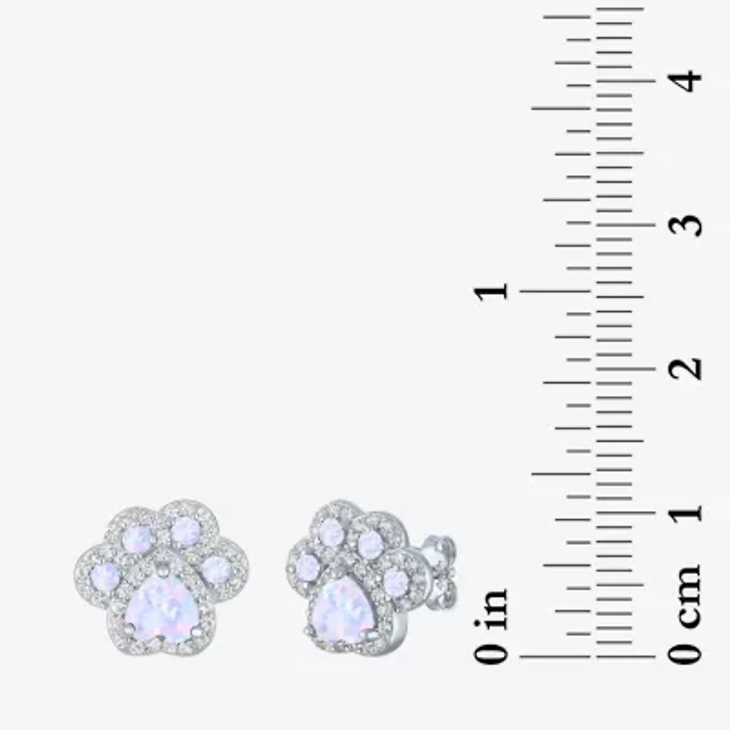 Paw Print Lab Created White Opal Sterling Silver 4mm Stud Earrings