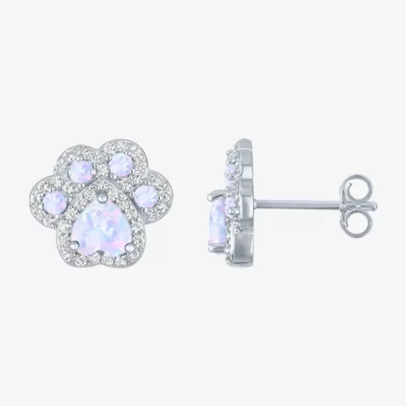 Paw Print Lab Created White Opal Sterling Silver 4mm Stud Earrings