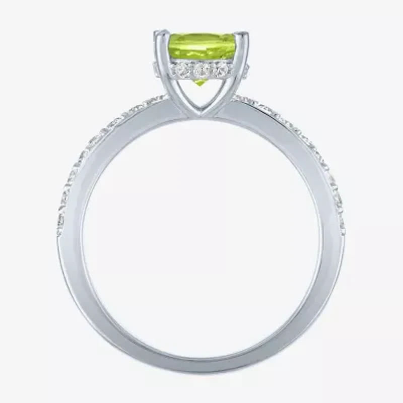 Womens Genuine Green Peridot Sterling Silver Oval Side Stone Cocktail Ring