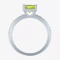 Womens Genuine Green Peridot Sterling Silver Oval Side Stone Cocktail Ring