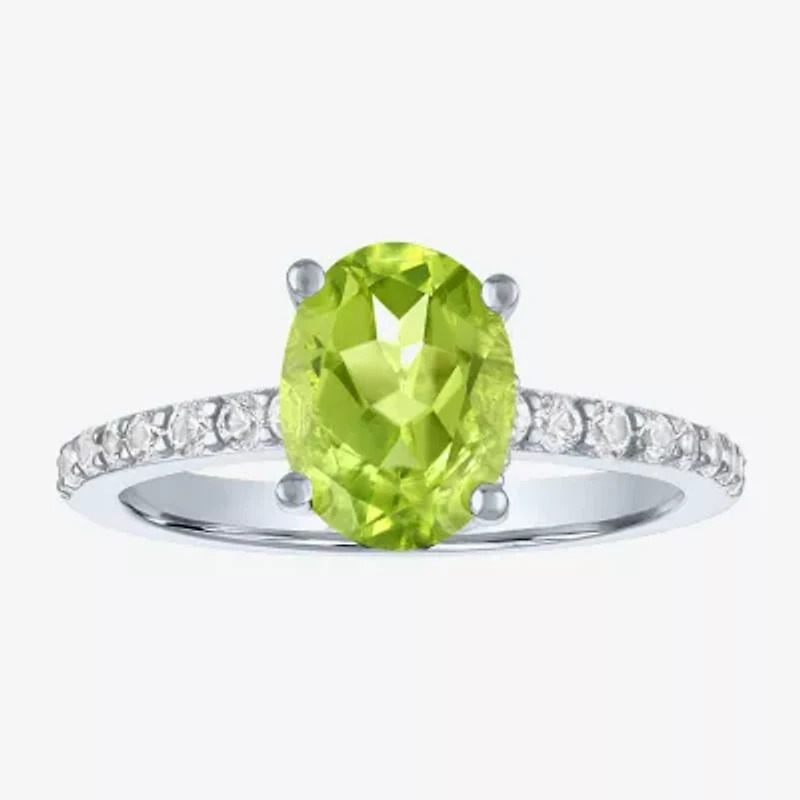 Womens Genuine Green Peridot Sterling Silver Oval Side Stone Cocktail Ring