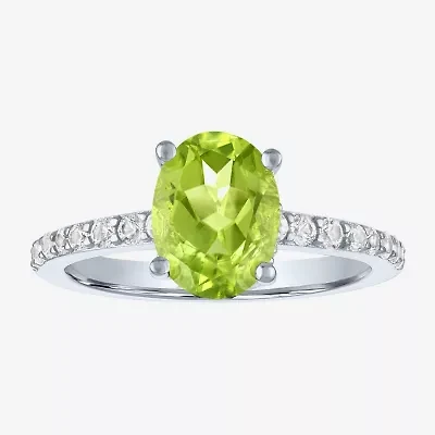 Womens Genuine Green Peridot Sterling Silver Oval Side Stone Cocktail Ring