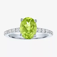 Womens Genuine Green Peridot Sterling Silver Oval Side Stone Cocktail Ring