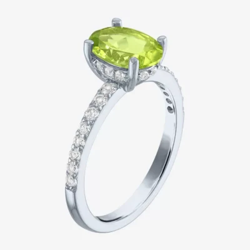 Womens Genuine Green Peridot Sterling Silver Oval Side Stone Cocktail Ring