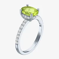 Womens Genuine Green Peridot Sterling Silver Oval Side Stone Cocktail Ring