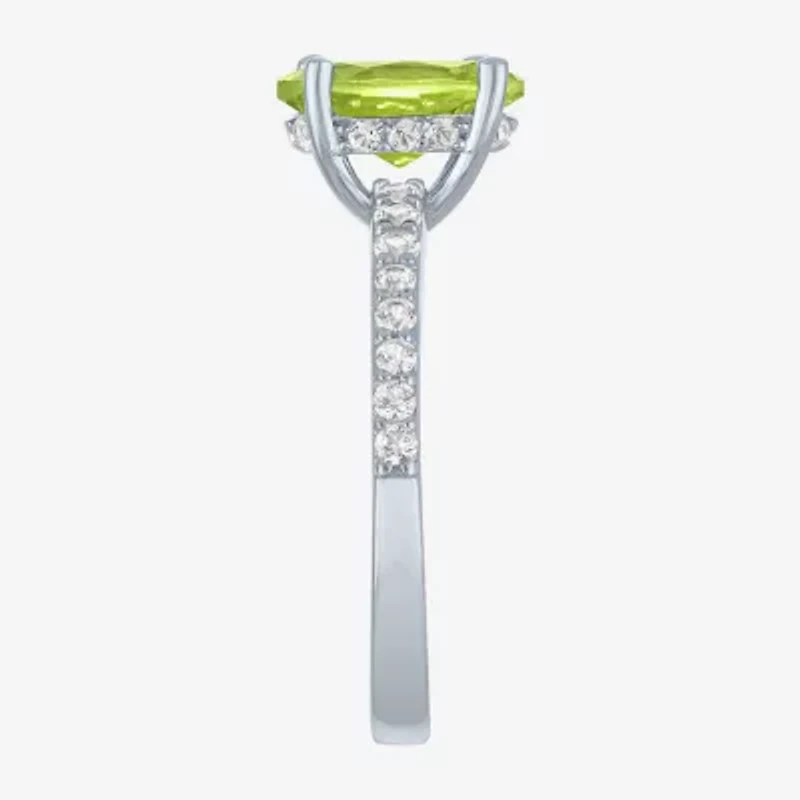 Womens Genuine Green Peridot Sterling Silver Oval Side Stone Cocktail Ring