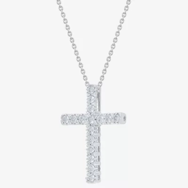 (G/Si2) Womens 1/4 CT. T.W. Lab Grown White Diamond 10K Gold Cross 18 Inch Pendant Necklace
