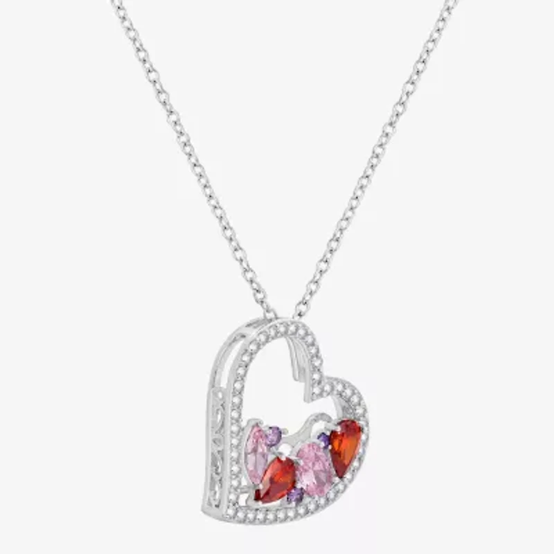 Diamonart Womens Multi Color Cubic Zirconia Sterling Silver Heart 18 Inch Pendant Necklace