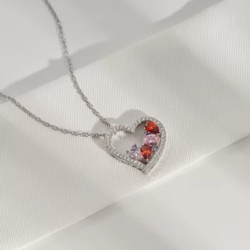 Diamonart Womens Multi Color Cubic Zirconia Sterling Silver Heart 18 Inch Pendant Necklace