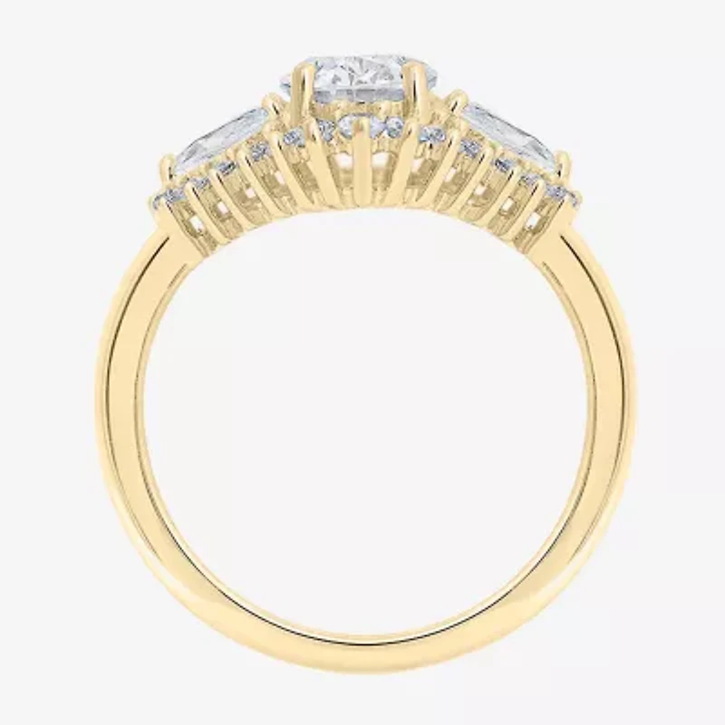 Diamonart Womens Cubic Zirconia 14K Gold Over Silver Sterling Oval Pear 3-Stone Engagement Ring