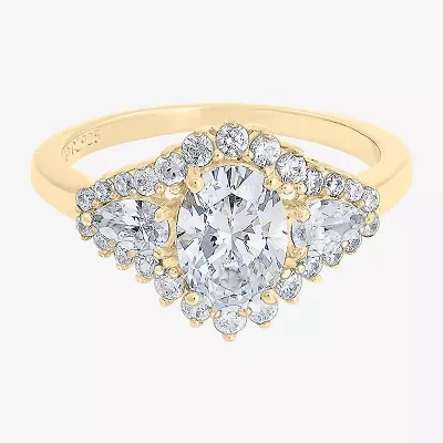 Diamonart Womens Cubic Zirconia 14K Gold Over Silver Sterling Oval Pear 3-Stone Engagement Ring