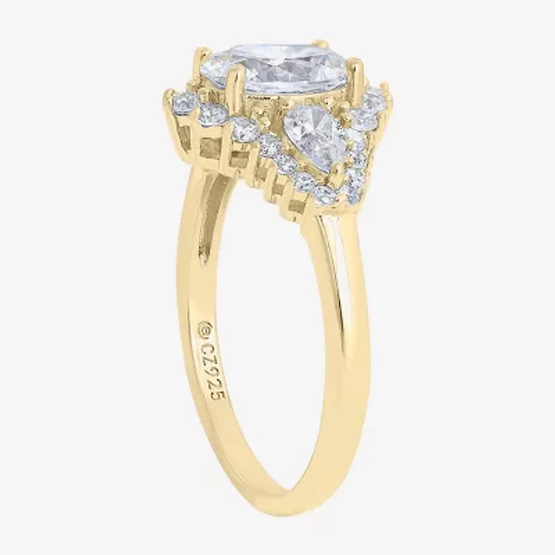 Diamonart Womens Cubic Zirconia 14K Gold Over Silver Sterling Oval Pear 3-Stone Engagement Ring