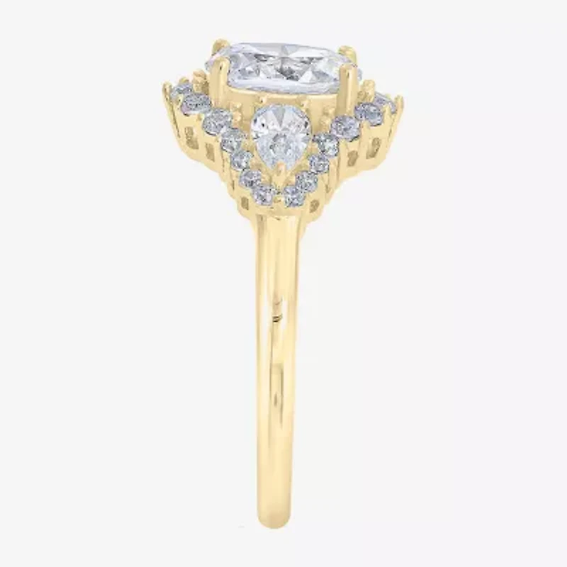 Diamonart Womens Cubic Zirconia 14K Gold Over Silver Sterling Oval Pear 3-Stone Engagement Ring