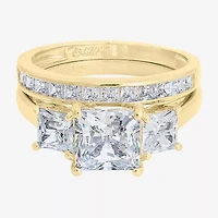Diamonart Womens Cubic Zirconia 14K Gold Over Silver 3-Stone Bridal Set