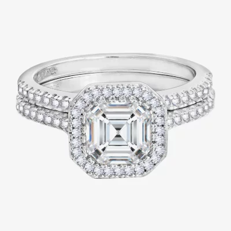 Diamonart Womens Cubic Zirconia Sterling Silver Cushion Side Stone Halo Bridal Set