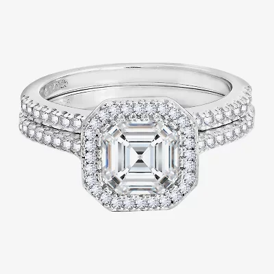 Diamonart Womens Cubic Zirconia Sterling Silver Cushion Side Stone Halo Bridal Set