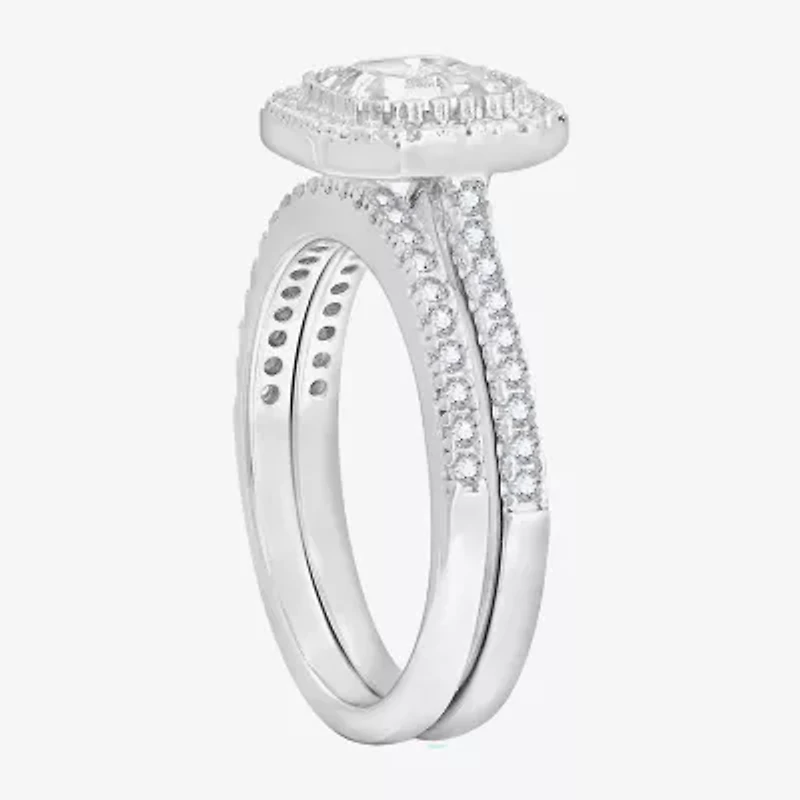 Diamonart Womens Cubic Zirconia Sterling Silver Cushion Side Stone Halo Bridal Set