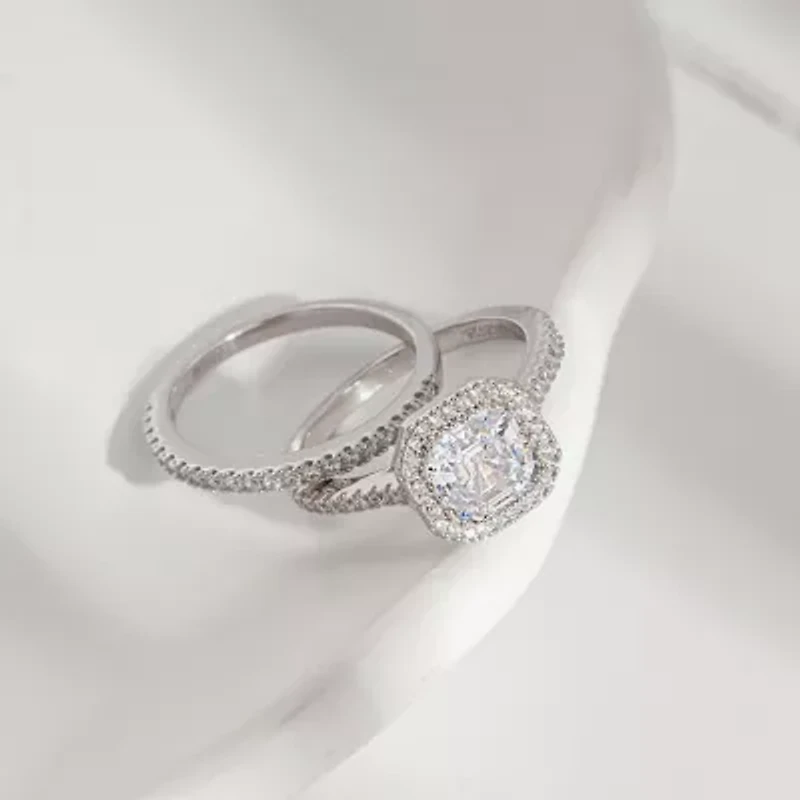 Diamonart Womens Cubic Zirconia Sterling Silver Cushion Side Stone Halo Bridal Set