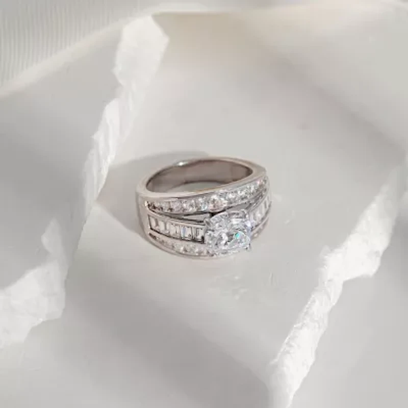 Diamonart Womens Cubic Zirconia Sterling Silver Side Stone Engagement Ring