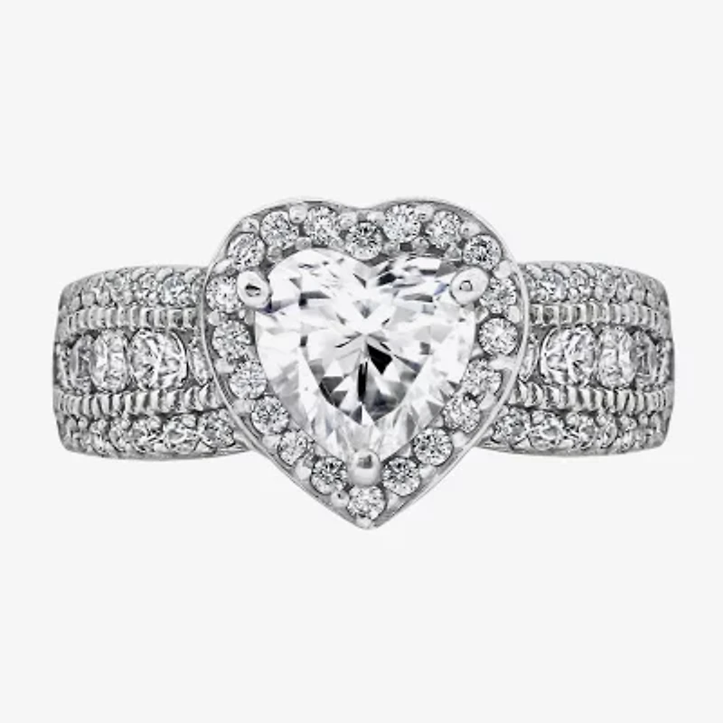 Diamonart Womens Cubic Zirconia Sterling Silver Heart Halo Side Stone Cocktail Ring