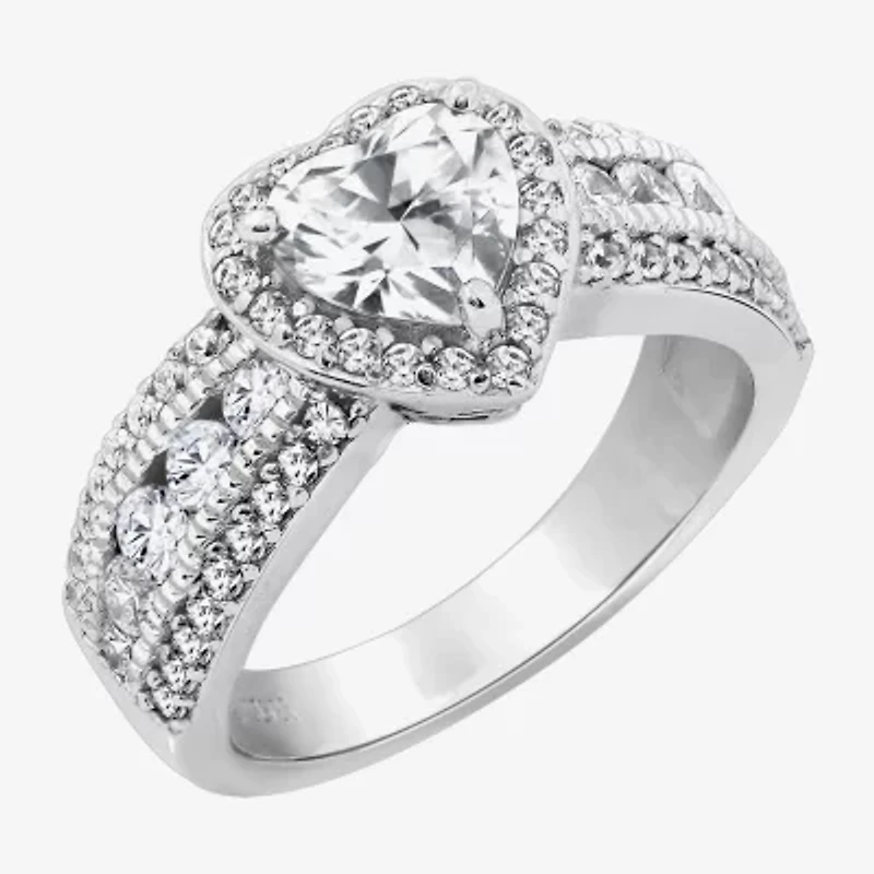 Diamonart Womens Cubic Zirconia Sterling Silver Heart Halo Side Stone Cocktail Ring