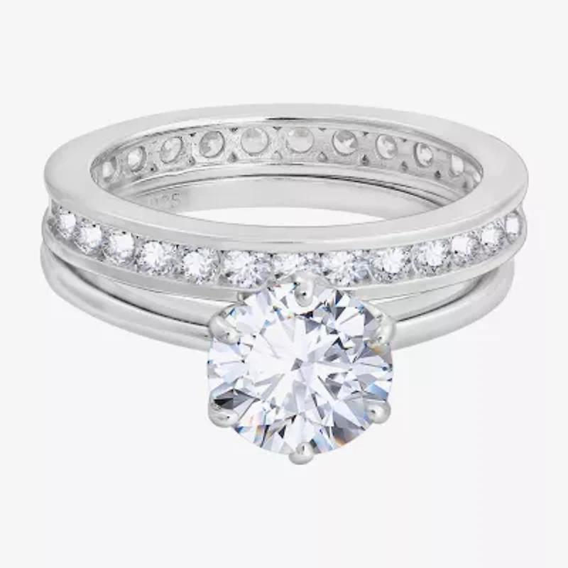 Diamonart Womens Cubic Zirconia Sterling Silver Round Side Stone Bridal Set