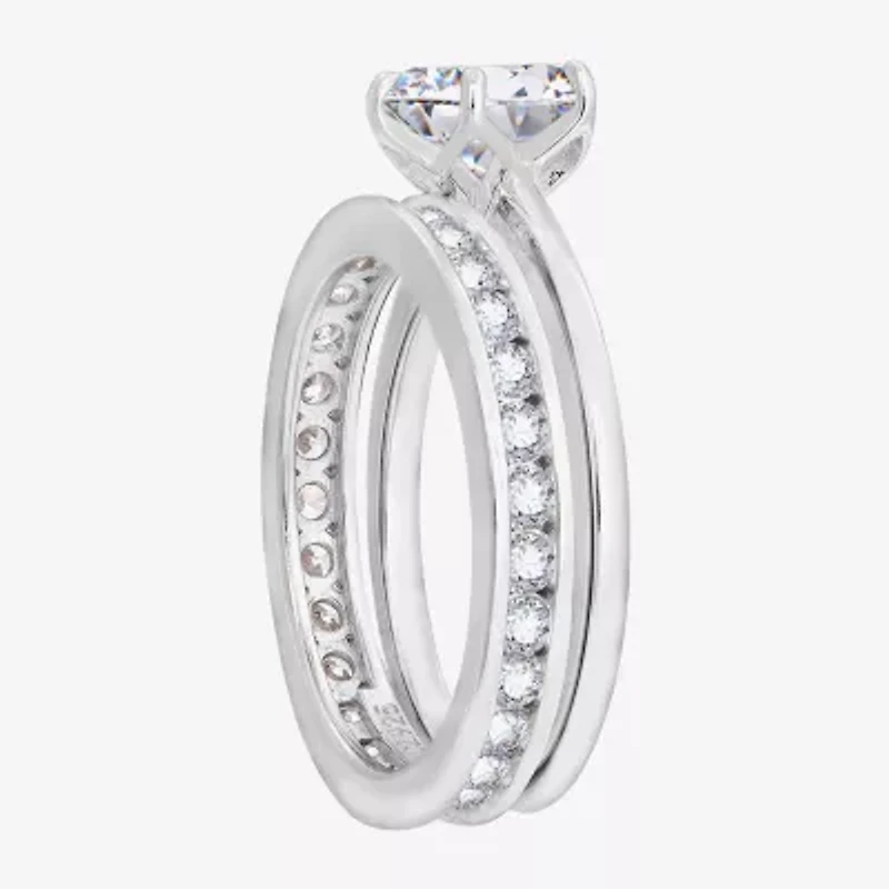 Diamonart Womens Cubic Zirconia Sterling Silver Round Side Stone Bridal Set