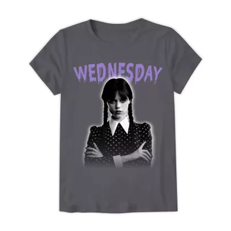Little & Big Kid Girls Crew Neck Short Sleeve Regular Fit Wednesday Addams Graphic T-Shirt
