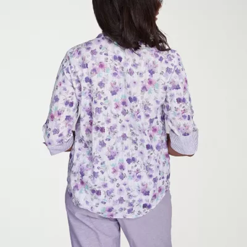 Alfred Dunner Crystal Springs Womens 3/4 Sleeve Cuffed Button-Down Shirt