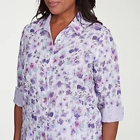 Alfred Dunner Crystal Springs Womens 3/4 Sleeve Cuffed Button-Down Shirt