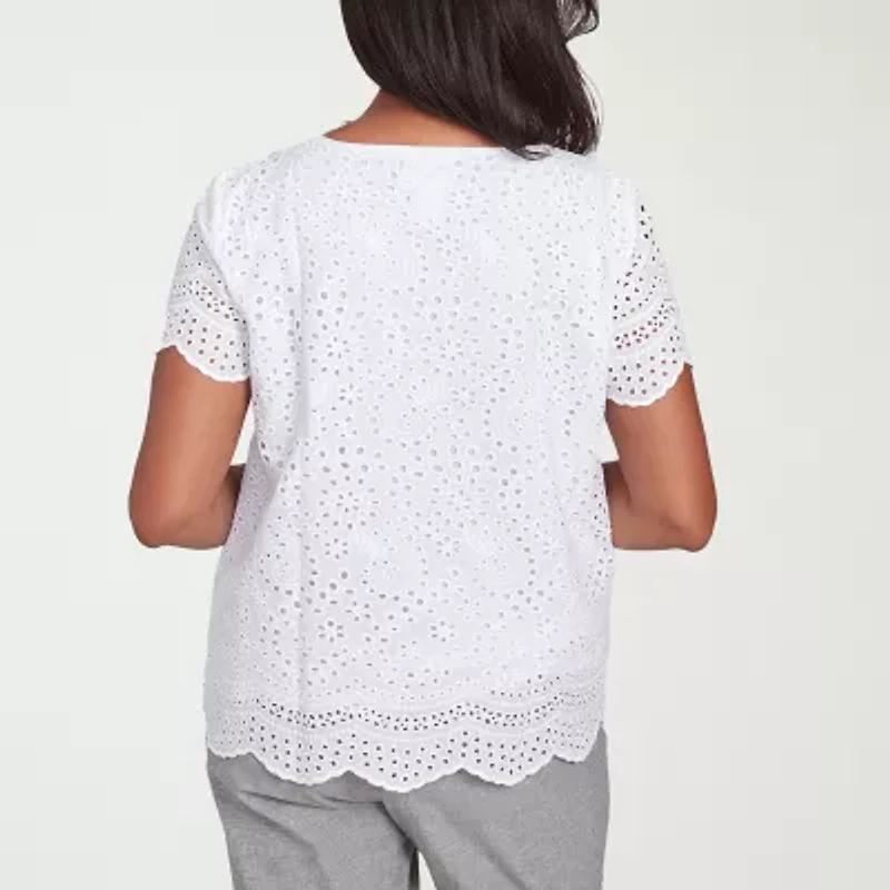 Alfred Dunner Crystal Springs Womens Crew Neck Short Sleeve Blouse