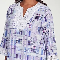 Alfred Dunner Crystal Springs Womens Split Crew Neck 3/4 Sleeve Blouse