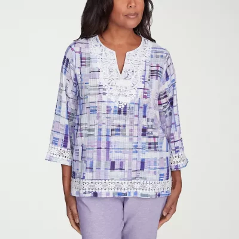 Alfred Dunner Crystal Springs Womens Split Crew Neck 3/4 Sleeve Blouse