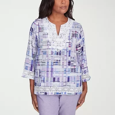 Alfred Dunner Crystal Springs Womens Split Crew Neck 3/4 Sleeve Blouse